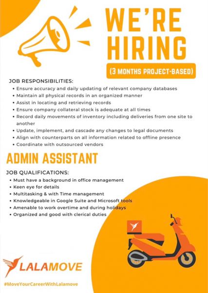 Jobtalk - Admin Assistant vacancy in Makati! Hiring by Lalamove Philippines Inc