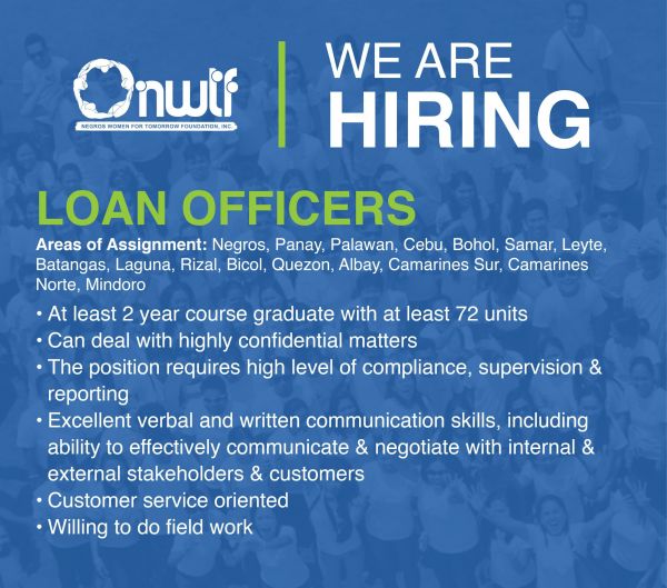 Jobtalk - Loan Officer vacancy in San Fernando City! Hiring by Negros Women For Tomorrow Inc.