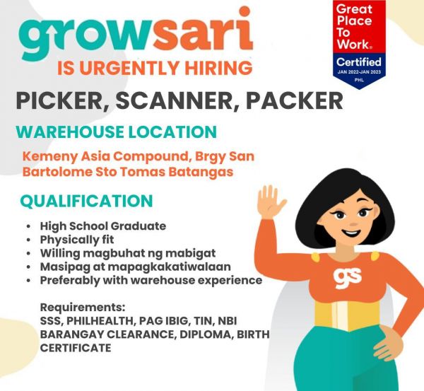 Jobtalk - Warehouse Assistant vacancy in Sto. Tomas! Hiring by Growsari Inc