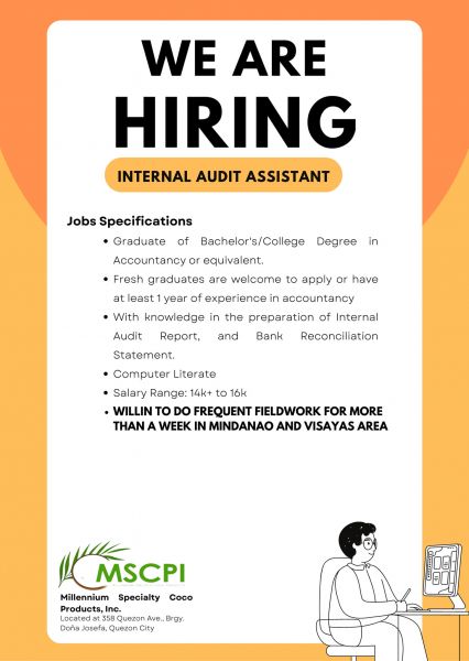 Jobtalk - Internal Audit Assistant vacancy in Quezon City! Hiring by Millennium Coconut Products