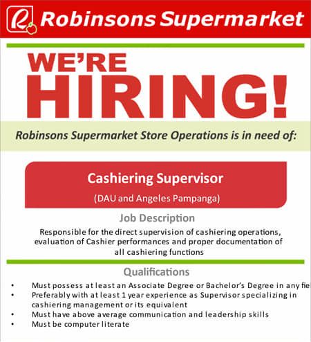Jobtalk - Cashier Supervisor vacancy in Mabalacat City! Hiring by Robinsons Supermarket