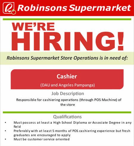 Jobtalk - Cashier vacancy in Mabalacat City! Hiring by Robinsons Supermarket