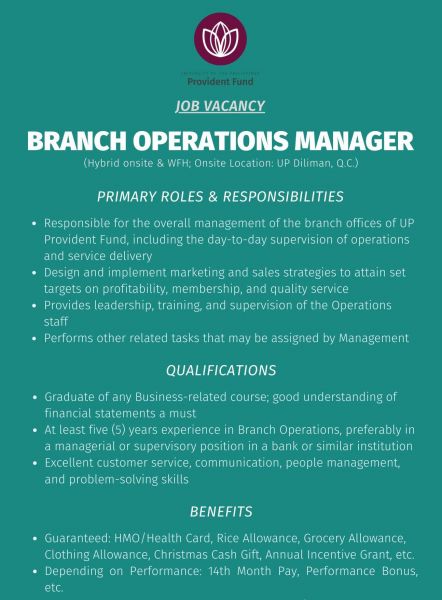 Jobtalk - Branch Operations Manager vacancy in Quezon City! Hiring by U.P. Provident Fund, Inc.