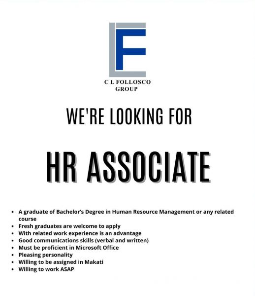 Jobtalk - HR Associate vacancy in Makati! Hiring by CL Follosco Group Inc.