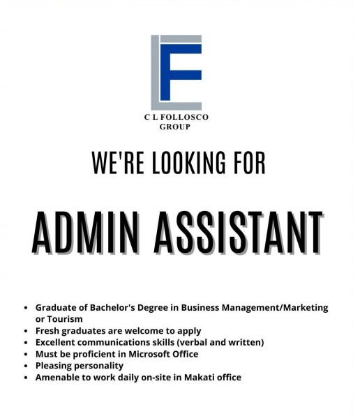 Jobtalk - Admin Assistant vacancy in Makati! Hiring by CL Follosco Group Inc.