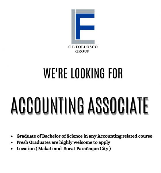 Jobtalk - Accounting Associate vacancy in Makati! Hiring by CL Follosco Group Inc.