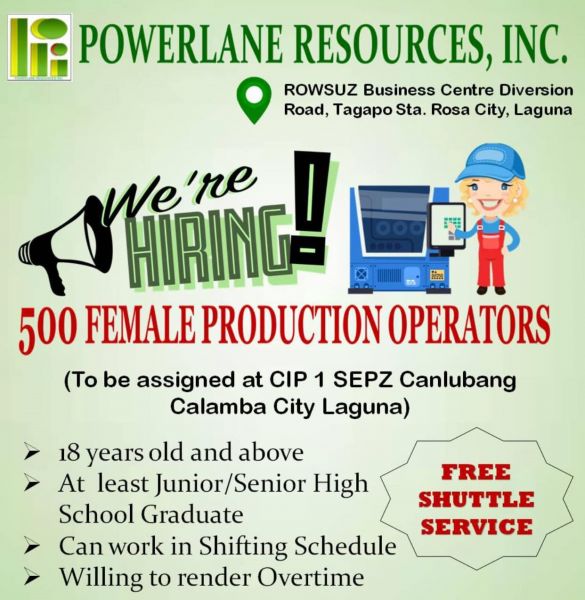 Jobtalk - Production Operator vacancy in Calamba City! Hiring by Powerlane Resources, Inc.