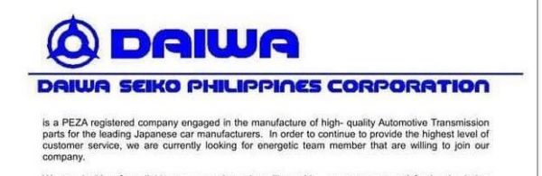 Jobtalk - Warehouseman vacancy in Biñan City! Hiring by Daiwa Seiko Philippines Corp.