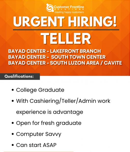 Jobtalk - Teller vacancy in Muntinlupa! Hiring by Customer Frontline Solutions