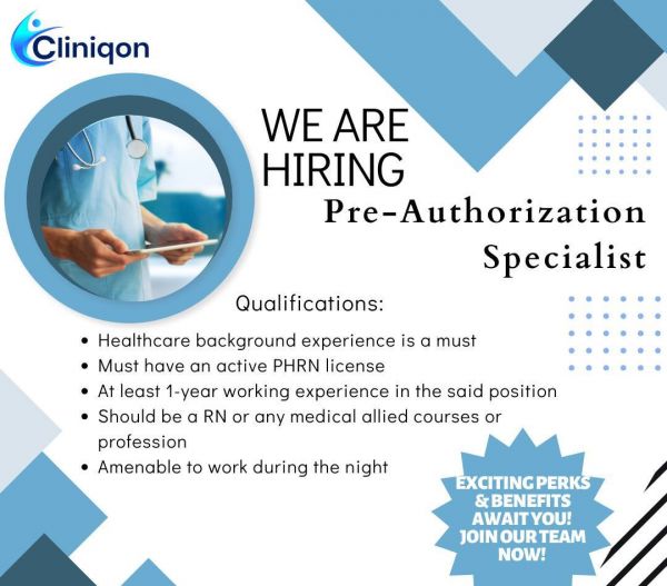 Jobtalk - Cliniqon Llc looking for Prior Authorization Specialist, Hybrid setup,  in Ermita