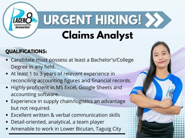 Jobtalk - Claims Analyst vacancy in Taguig City! Hiring by Placer 8 Logistics Express Inc.