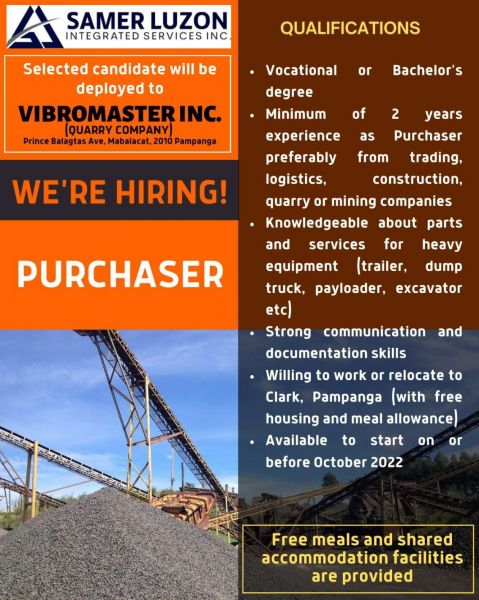 Jobtalk - Purchaser vacancy in Mabalacat City! Hiring by Vibromaster Inc.