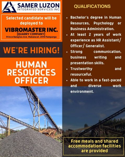 Jobtalk - HR Officer vacancy in Mabalacat City! Hiring by Vibromaster Inc.