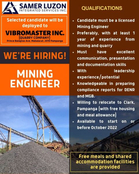 Jobtalk - Mining Engineer vacancy in Mabalacat City! Hiring by Vibromaster Inc.