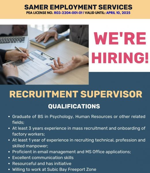 Jobtalk - HR Supervisor vacancy in Subic! Hiring by Samer Global Manpower Services Inc.