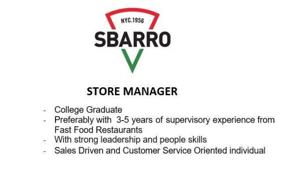 Jobtalk - Store Manager vacancy in Cebu City! Hiring by Sbarro Philippines