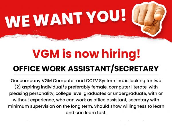 Jobtalk - Secretary vacancy in Quezon City! Hiring by VGM Computer & Cctv Systems Inc.