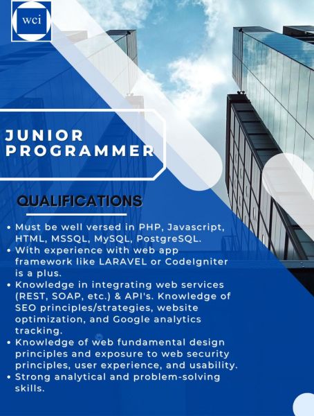 Jobtalk - Junior Programmer vacancy in Quezon City! Hiring by Woodfields Consultants Inc.