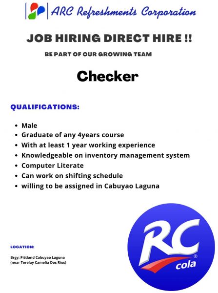 Jobtalk - Checker vacancy in Cabuyao City! Hiring by Arc Refreshments Corporation
