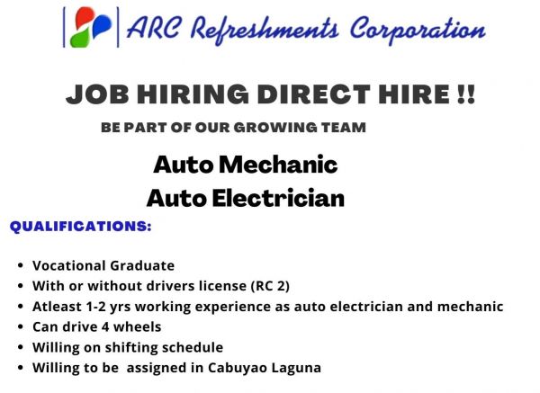Jobtalk - Auto Mechanic vacancy in Cabuyao City! Hiring by Arc Refreshments Corporation