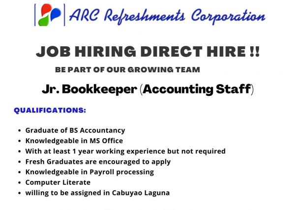Jobtalk - Bookkeeper vacancy in Cabuyao City! Hiring by Arc Refreshments Corporation