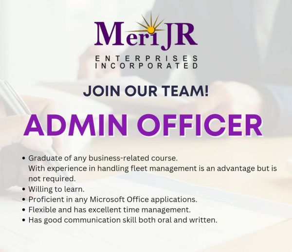Jobtalk - Admin Officer vacancy in Pasig! Hiring by Merijr Enterprises Inc