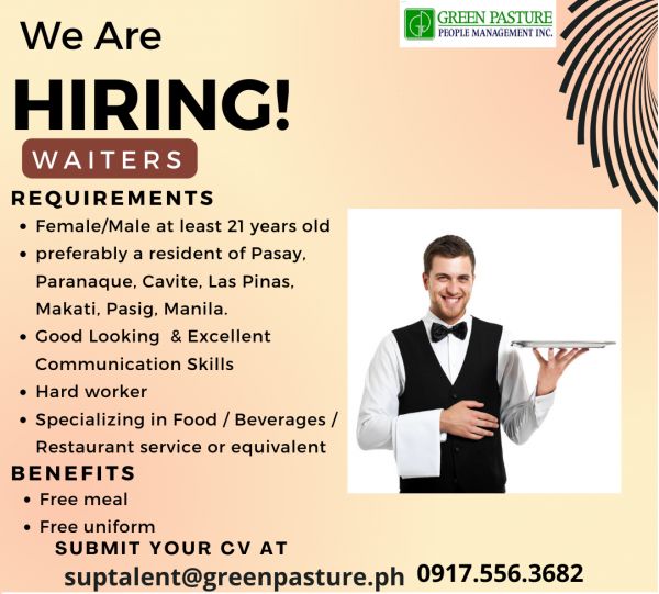 Jobtalk - Server vacancy in Parañaque! Hiring by GREEN Pasture People Management Inc.