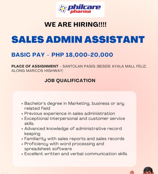Jobtalk - Sales Admin Assistant vacancy in Pasig! Hiring by Philcare Pharma, Inc.