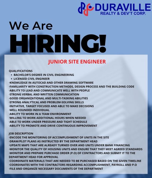 Jobtalk - Junior Site Engineer vacancy in Imus City! Hiring by Duraville Realty & Devt Corp.