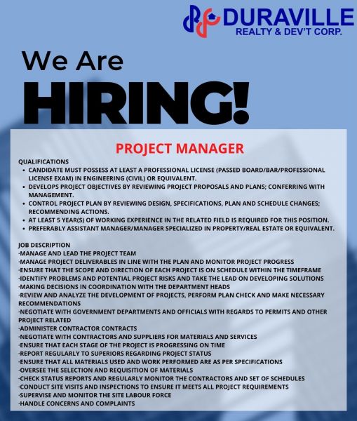 Jobtalk - Project Manager vacancy in Imus City! Hiring by Duraville Realty & Devt Corp.
