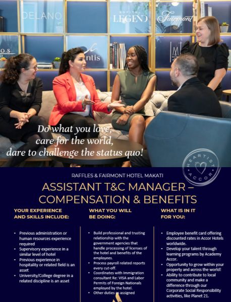 Jobtalk - Assistant T&C Manager vacancy in Makati! Hiring by Fairmont Makati