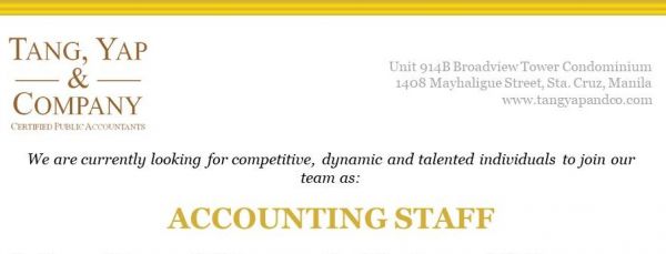 Jobtalk - Accounting Staff vacancy in Sta. Cruz! Hiring by Tang, Yap And Co.