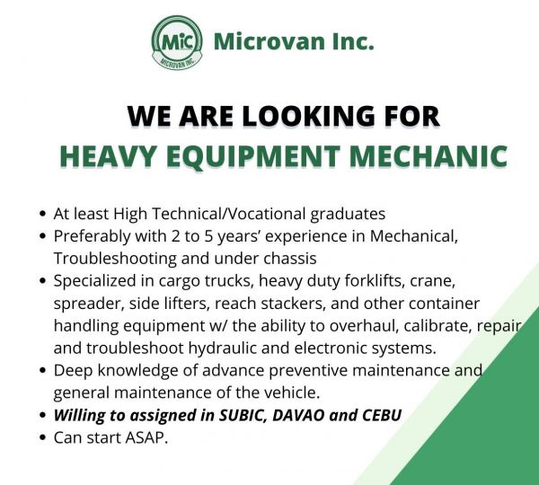 Jobtalk - 
Heavy Equipment Mechanic vacancy in Subic! Hiring by Microvan Inc.
