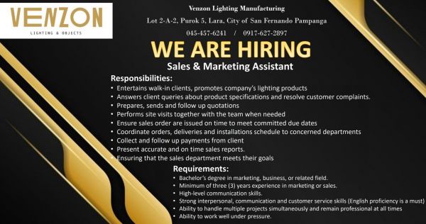 Jobtalk - Marketing Assistant vacancy in San Fernando City! Hiring by Venzon Lighting & Objects