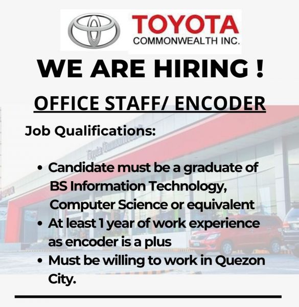 Jobtalk - Encoder vacancy in Quezon City! Hiring by Toyota Commonwealth Inc.