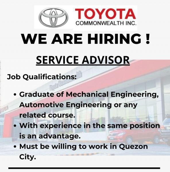 Jobtalk - Service Advisor vacancy in Quezon City! Hiring by Toyota Commonwealth Inc.