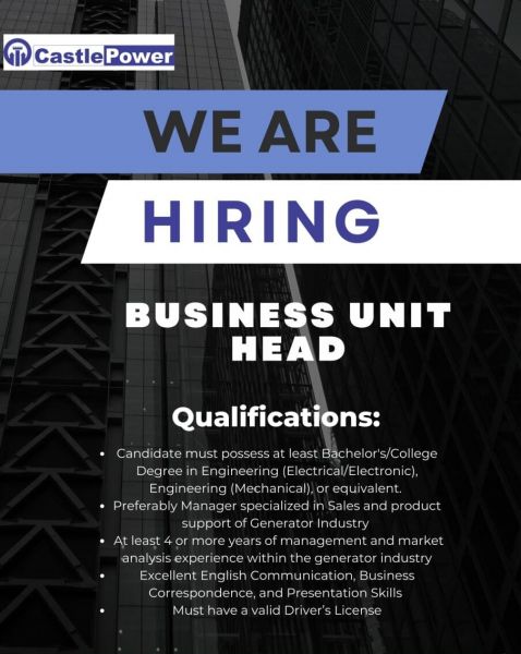 Jobtalk - Business Unit Head vacancy in Quezon City! Hiring by Castle Power Solutions Philippines Inc.