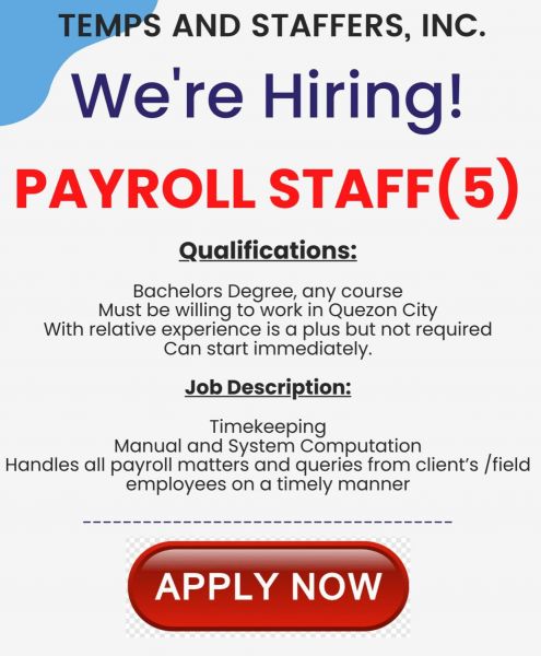 Jobtalk - Payroll Clerk vacancy in Quezon City! Hiring by Temps and Staffers, Inc.