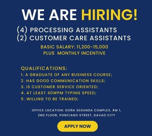 Jobtalk - Customer Care Assistant vacancy in Davao City! Hiring by IPASS Processing