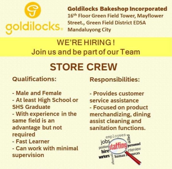 Jobtalk - Store Crew vacancy in Bacoor City! Hiring by Goldilocks Bakeshop Inc.