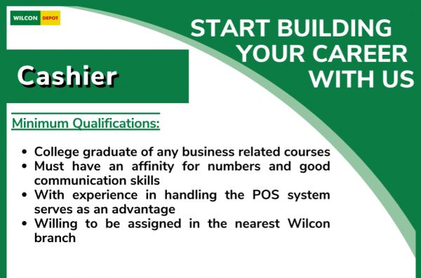 Jobtalk - Cashier vacancy in Laoag City! Hiring by Wilcon Depot