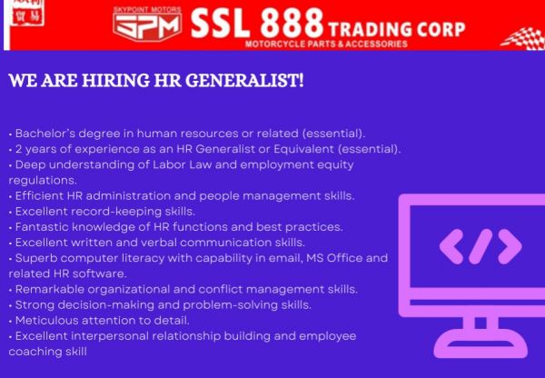 Jobtalk - HR Generalist vacancy in San Fernando City! Hiring by SSL 888 Tading Corp.