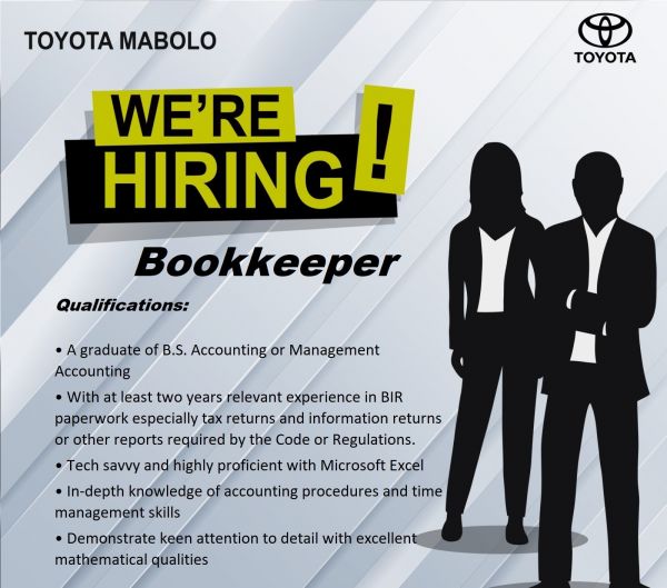 Jobtalk - Bookkeeper vacancy in Cebu City! Hiring by Toyota Mabolo Cebu, Inc.