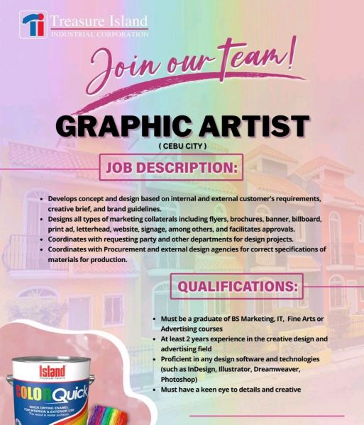 Jobtalk - Graphic Designer vacancy in Cebu City! Hiring by Treasure Island Industrial Corporation