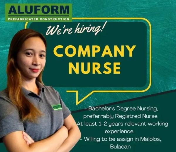 Jobtalk - Company Nurse vacancy in Malolos City! Hiring by Aluform Prefab Construction