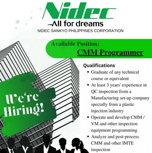 Jobtalk - CMM Programmer vacancy in Cabuyao City! Hiring by Nidec Sankyo Philippines Corporation