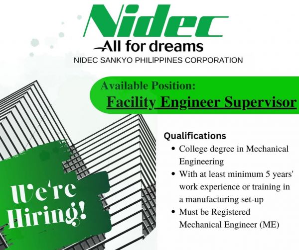 Jobtalk - Facility Engineer vacancy in Cabuyao City! Hiring by Nidec Sankyo Philippines Corporation