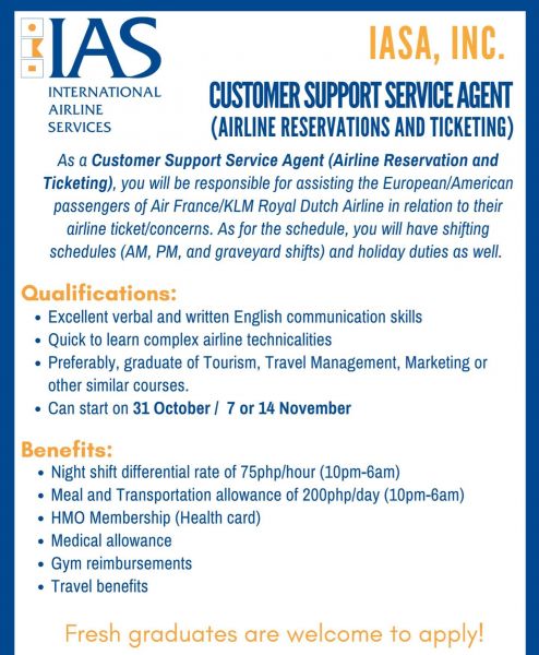 Jobtalk - Customer Support Representative vacancy in Makati! Hiring by International Airline Services Asia, Inc