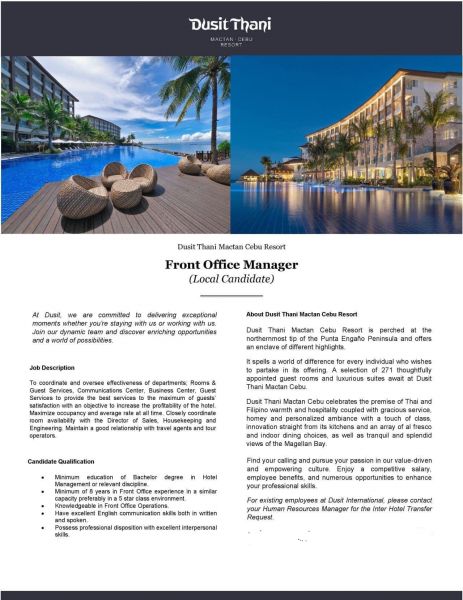 Jobtalk - Front Office Manager vacancy in Lapu-lapu! Hiring by Dusit Thani Mactan Cebu Resort
