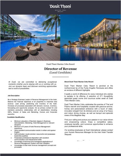 Jobtalk - Director of Revenue vacancy in Lapu-lapu! Hiring by Dusit Thani Mactan Cebu Resort